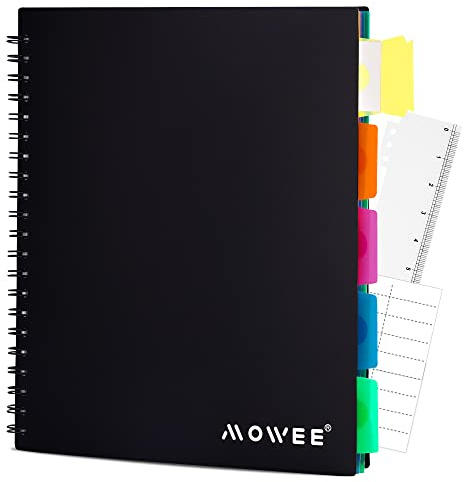 MOWEE Spiral Notebook - 5 Subject Notebook, College Ruled Notebook With Dividers Pocket, Tabs Label, 11 Ruler, 200 Pages, for Writing Journal, Home & Office, School Supplies, 8.5''x11''Black