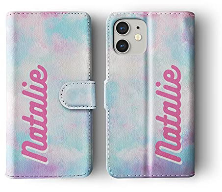 Tirita Personalised Leather Flip Wallet Phone Case with Card Holder Compatible with iPhone 13 - [14 - Pink Blue Clouds Vertical Name]