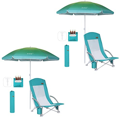 Nice C Strandstuhl, Strandstuhl Klappbar Leicht, Campingstuhl, Strandstühle für Erwachsene, mit UPF 50 Sonnenschirm und Kühltasche, Draußen (2 of Blau)