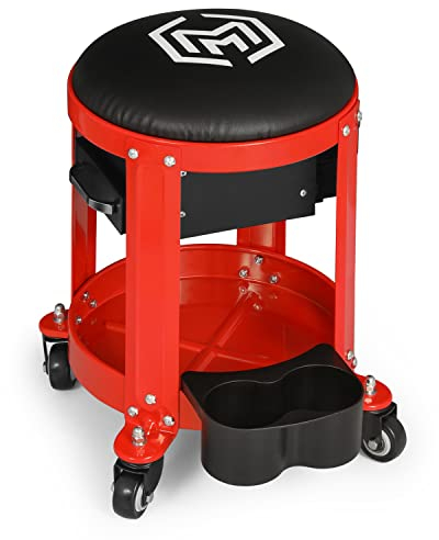 M-AUTO Rolling Workshop Mechanic Stool Creeper Seats with Tool Storage Drawers and Can Holders, 300LbS Garage Rolling Toolbox Stool with Wheels, Work Rolling Stools for Shop or Garage, Red