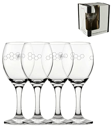 Engraved Bees Pattern Pure Wine Glasses, Set of Four 11oz/325ml Glasses, Laser Engraved in The UK, Gift for Her, Mum, Grandma, Auntie, Mothers Day, Birthday