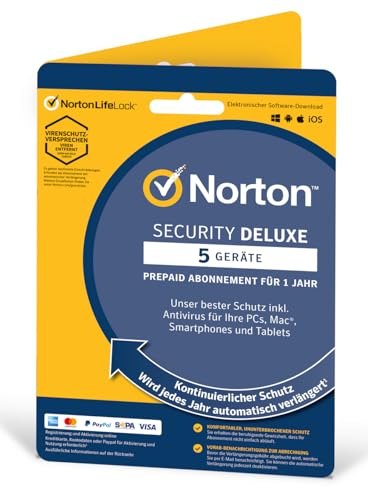 Virenschutz von Norton / Security Deluxe 5 Geräte / 1 Jahr - 2023 / 2024 - Product Key Card - Inklusive Antiviren Software - für Windows, Mac, Android, iOS / OHNE ABO