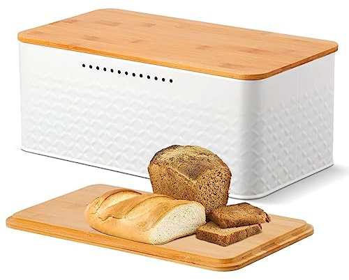 Chuboir Bread Bin, Metal Bread Box with Bamboo Lid Usable as Cutting Board, Bread Storage Container Holder for Kitchen Countertop, 13 x 7 x 5.3 inch (White)