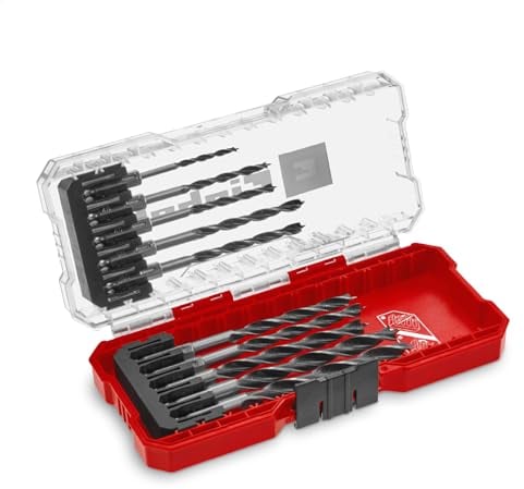 Original Einhell S-CASE 10-Juego de Brocas para Madera (Doble Espiral, Hechas de Acero Herramienta C45 Laminado, Vástago E 6.3, Unión Afilada de 3 Puntos, Punta de Centración Incl