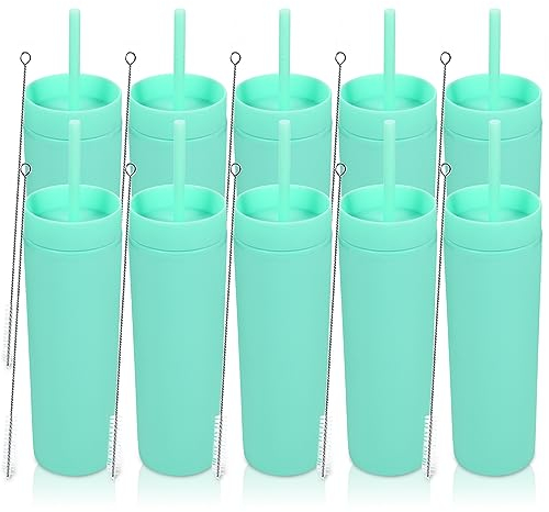 Volhoply 480ml Gobelet Plastique Skinny Avec Couvercle et Paille - Pack de 4, Isolé Double Paroi BPA Free Matte Acrylique, Pour Café Glacé et Voyage, Party Cup, Cadeaux DIY (Vert, 10 Set)