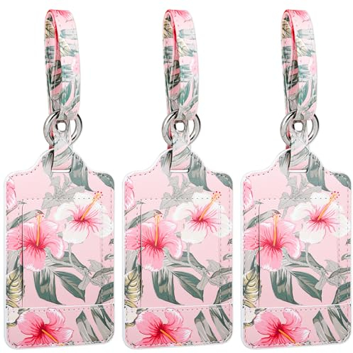 Teskyer 3 Stück Kofferanhänger, Kofferanhänger mit Adressschild, Zerklüftet, Schutz der Privatsphäre, Schnelle Identifikation, Kofferanhänger Flugreise, Gepäckanhänger, PU Leder, Hibiskus