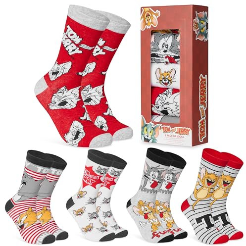 Tom und Jerry Lustige Socken für Männer & Teenager 5er Pack - Gr. 40-45, Bunte Baumwollsocken - Geschenke für Herren (Grau/Rot)