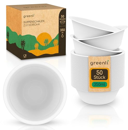 greenli® Einweg Suppenschalen 350ml - Nachhaltige Einwegschalen aus Zuckerrohr – 50 Suppenteller [klein]