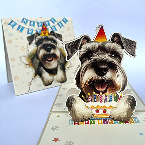 Momapopup 3D-Pop-Up-Geburtstagskarte mit Schnauzer-Motiv, niedlicher Schnauzer mit Kuchenfeier, skurriler Happy Birthday Gruß für Hundeliebhaber