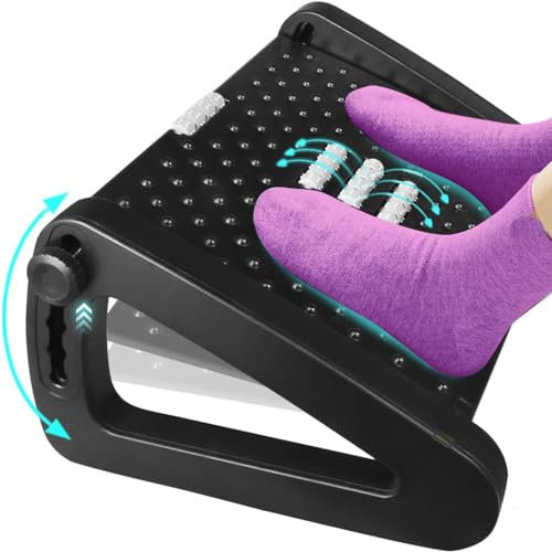 EDGYSENSE Adjustable Under Desk Footrest - Foot Rest with Large Roller Massage - Foot Stool Under Desk with 6 Height Position - Ergonomic Foot Rest with Massage Function for Home, Office