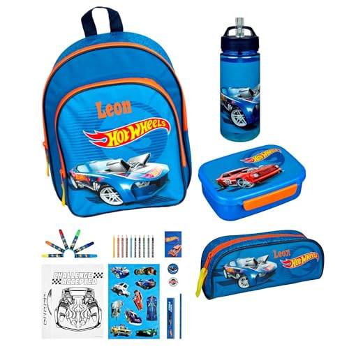 Undercover Kindergartenrucksack Set Hot Wheels Jungen - Personalisiert mit Name - Inkl. Kinderrucksack Brotdose Trinkbecher Federmappe Malturm Sticker