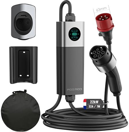 FOXMOD 22kW EV Ladegerät, 7m, 6–32A, Typ 2 CEE, Drehstrom, mit Halterung, Mobile/Wallbox, Digitalanzeige, kompatibel mit VW, Renault, BYD, MG, Tesla