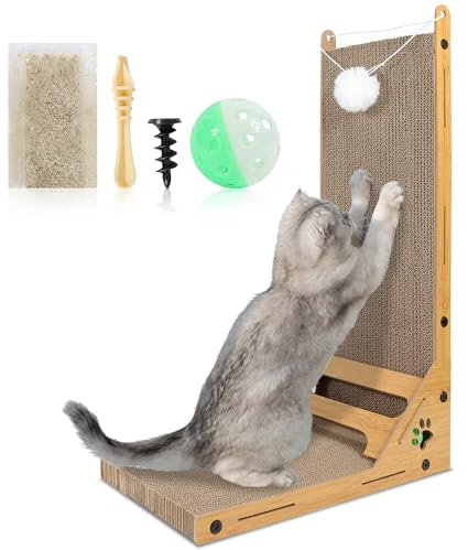 Rascador para Gatos en Forma de L con Juguete de Bola con Cascabel, Ideal para Gatos Grandes, Medianos y Pequeños, Dimensiones 24x40x60 cm