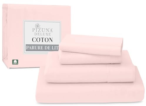 Pizuna 100% Coton Parure de Lit 180x200 cm Rose Clair, Tissu de Satin de Coton à 600 Fils au Pouce carré Comprend 1 Drap Housse, 1 Drap Plat, 2 Taie d'oreiller (Coton Draps 2 Personnes)