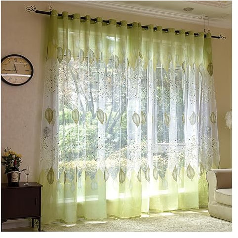 Wohnzimmer Voile Gardinen Blätter Blume Schlaufenvorhang Drucke Ösen Vorhänge Für Schlafzimmer Balkon 2 Stück, W140xL245cm,Green