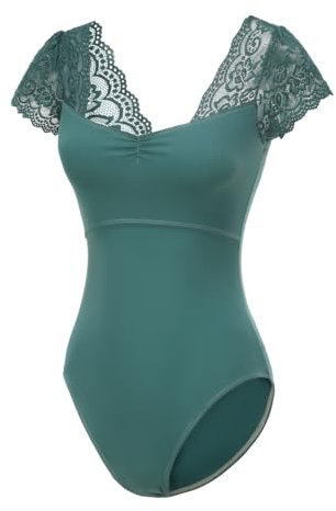 Lanbodance Kurzärmeliger Gymnastikanzug für Damen, Balletttanz, Erwachsene, Ballerina-Tanzkostüm, Dunkelgrüne Spitze, L