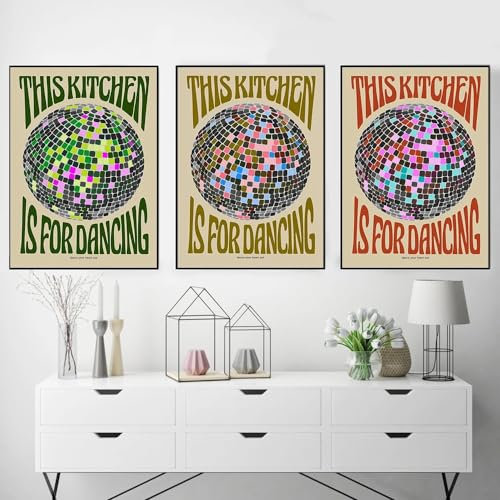 TINGGATG Bilder Poster Kunstdrucke This Kitchen Is For Dancing Poster Bunte Discokugel Kunstdrucke Leinwandgemälde Zitat Trendige Wandbilder Heimdekoration 40X60Cm X 3