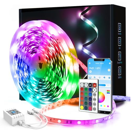 phopollo 10m Led Strip Light for Bedroom, Remote and App Control Bluetooth Connect Music Sync RGB Lights for Room Plug in Self Adhesive (10Mx1)
