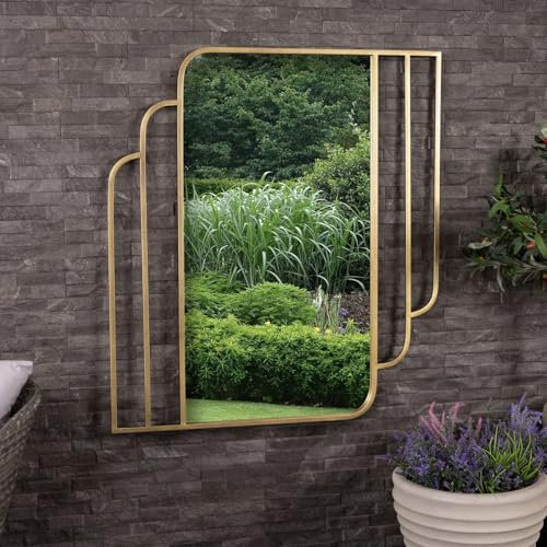 CHARLES BENTLEY Prague Rectangular Mirror in Gold, Weather Resistant, Shatterproof, Wall Mounted Accent Mirror Décor For Garden, Indoors, Iron, Aluminium (110x100cm)