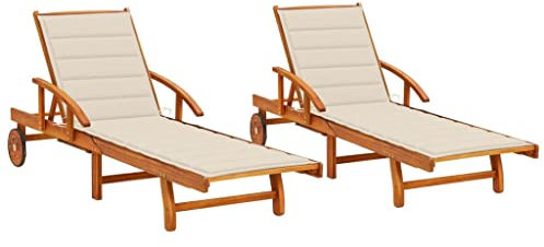 Sdraio 2 pz con Cuscini in Legno Massello di Acacia,Letti Prendisole Acacia con Ruote, Schienale Poggiapiedi Regolabili, Cuscino Crema i per Giardino, Bordo Piscina Arredamento da Giardino e Accessori