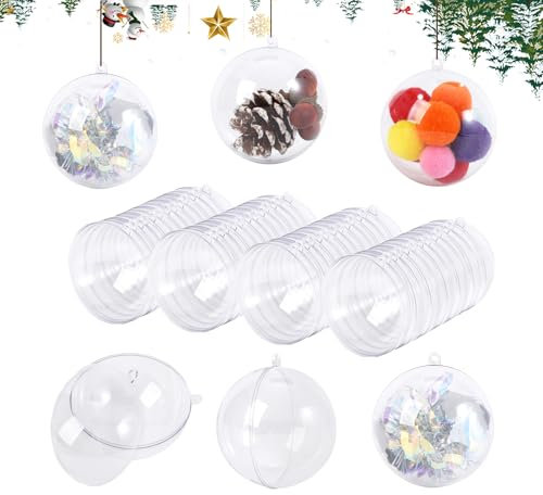 Christmas Baubles Set, Packung mit 24 Transparenten Kunststoffkugeln DIY Clear Plastic Bomb Shapes Crafts for Christmas Tree Decoration, Plastikkugeln zum Befüllen 8 cm
