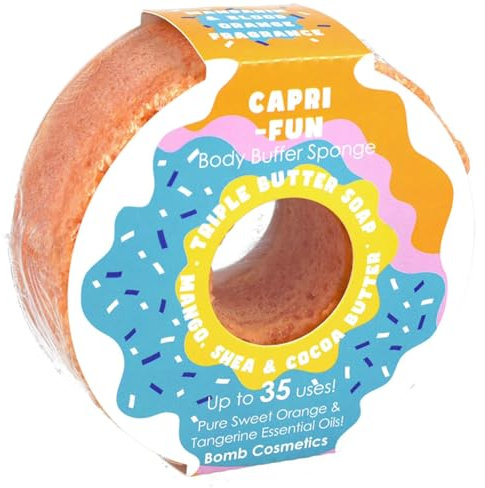 Bomb Cosmetics Capri-Fun Body Buffer Seifenschwamm, 2-in-1-Reinigungs-Peeling, feuchtigkeitsspendend, dreifacher Butterseifenschwamm mit Seife im Inneren