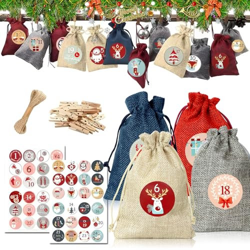Diy Adventskalender zum Befüllen, 24 Stk Befüllbarer Adventskalender mit Aufkleber Clip Seil, Selbstgemachter Adventskalender, Weihnachtskalender Selbst Befüllen, Adventskalender Selber Befüllen