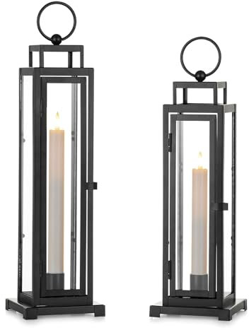 Staymoment Kerzenständer Schwarz mit LED Stabkerzen: 2er Set 33/38 cm Kerzenhalter Stabkerzenhalter als Balkon Wohnzimmer Deko Laternen für draußen