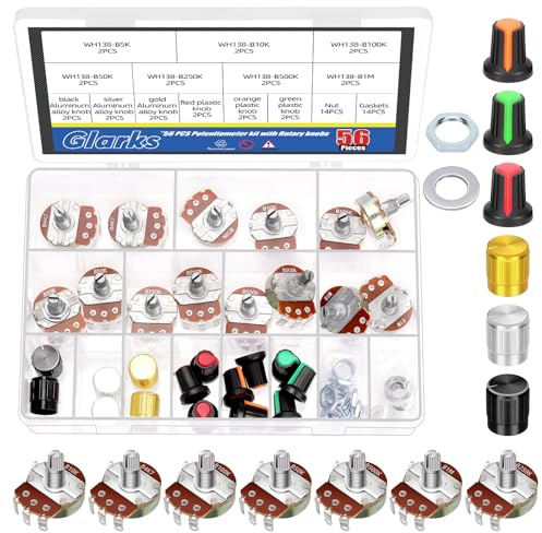 Glarks 57pcs WH138 Single Turn Rotary Linear Variable Potentiometer, B5K/B10K/B100K/B250K/B500K/B1M OHM 3 Pins Knurred Linear Rotary Kegel Potentiometer mit Aluminiumlegierung und Kunststoff Knopf Set
