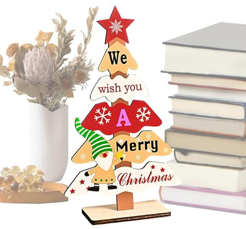 Kioriur Tisch-Weihnachtsbaum aus Holz, rustikale Ornamente | stehender Holzbaum, bunter Desktop-Weihnachtsbaum für Fensterbank