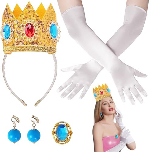 CWENDANER Prinzessin Peach Kostüm Zubehör, 4-teiliges Set: Krone, Ohrringe, Satin-Prinzessinnenhandschuhe, Brosche - Damen & Mädchen, Prinzessinnen-Fans, Kindergeburtstage - Kostümzubehör