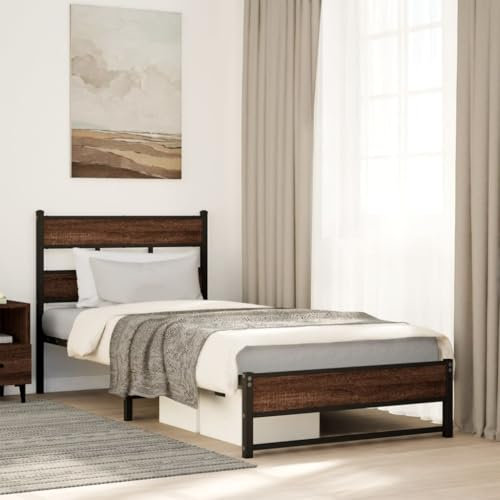 Rantry Bettgestell ohne Matratze aus Metall, Eiche, Braun, 90 x 200 cm, Bettrahmen, Rahmen, Rahmen, modernes Bett, Struktur für Wohnzimmer, Schlafzimmer, Möbel