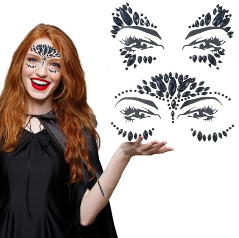 WUSJCOF 2 Pezzi di Cristalli Decorativi per il Viso Nero, Cristalli Adesivi per Tatuaggi Temporanei, Gemme per Trucco di Carnevale, Halloween, Festival, Festa