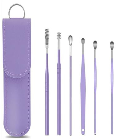 6-in-1 Stainless Steel Ear Wax Removal Kit with Leather Storage Bag – Reusable Ear Cleaning Tools for Personal and Household Use – Safe (Purple, one Size)