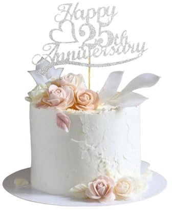 GlamRays 25. Jubiläum Kuchenaufsätze Silber Glitzer, 25 Hochzeitsjubiläums Party Dekoration Ideen, Premium Qualität, Robust Beidseitig Glitzer