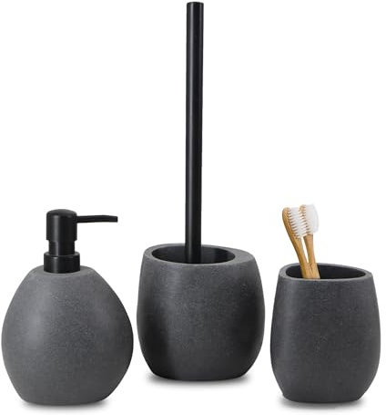 LARDECOR - Juego de 3 Accesorios de Baño de Resina | Dispensador de Jabón 520 ml + Vaso para Cepillos de Dientes + Escobilla de Inodoro, Set de Baño Completo, Libre de BPA
