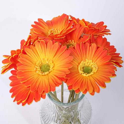 AQCQDQ Künstliche Gerbera Gänseblümchen, Lebensechte Künstliche Pflanzen, Braut Hochzeitsstrauß, für den Innen und Außenbereich, Haus, Garten, Büro, Hotel, Hochzeit, Party (Orange,7 Stücke)