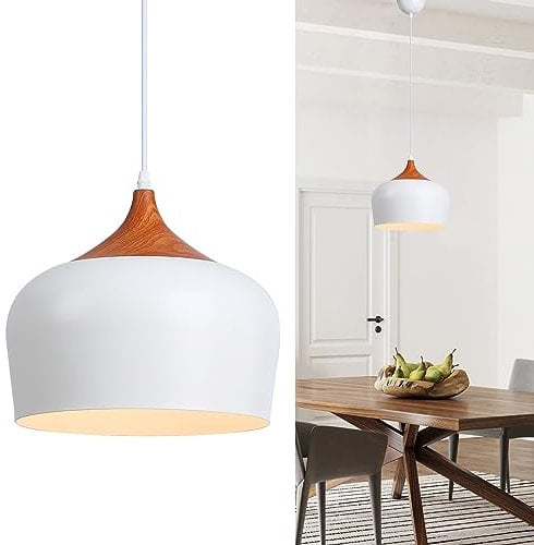 Alpinaluz Lámpara Colgante Moderna – Pantalla de Acero Blanco Mate Ø35 cm con Acabado en Efecto Madera – Casquillo E27 – Iluminación Elegante para Cocina, Comedor y Salón