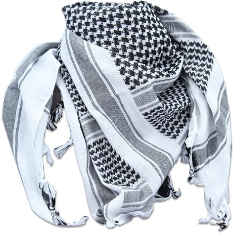 Outdoor World Shemagh-Schal, Armee, arabische PLO-Militärkräfte, SAS, Biker-Halswärmer, Keffiyeh, Kopf- und Halstuch, Wüsten-Turban, arabischer Wickel mit Quaste, 110 cm x 110 cm (Schwarz auf Weiß)