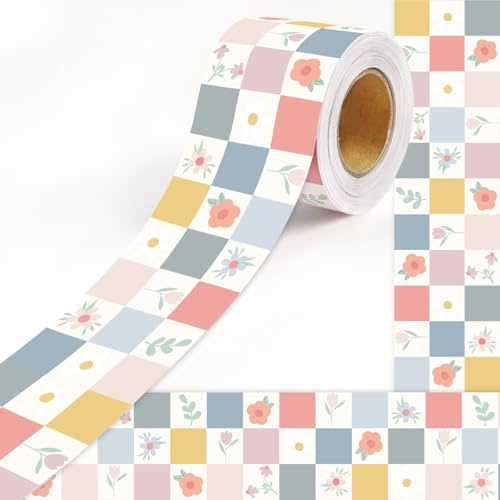 VABAMNA 50 Feet Boho Bulletin Board Border Pastel Classroom Decor, Rainbow Checkered Floral Rolled Border Trim for Back to School Bulletin Board Whiteboard Classroom Door Wall Decorations