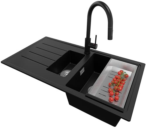 PRIMAGRAN Evier Cuisine en Granit Noir 90x50cm, Lavabo 1,5 bacs + Kit de Vidage + Robinet 40x22cm, Évier à Encastrer au meuble 60cm - Copenhague Duo