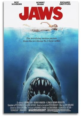 LXODGHE Jaws Filmposter im klassischen Retro-Stil der 80er Jahre, dekoratives Gemälde, Leinwand, Wandposter und Kunstdruck, moderne Familienschlafzimmer-Dekoration, Poster, 20 x 30 cm