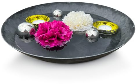 matches21 HOME & HOBBY Miniteich Komplettset mit Ø 35 cm Pflanzschale in Schwarz mit Schwimmkugeln & Teelichtschalen Gelb