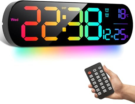 12 Große Digitale Wanduhr mit Countdown-Timer, Wecker, großer LED, 11 RGB-Farben, Sommerzeit und Temperaturanzeige für Wohnzimmer, Klassenzimmer, Schreibtisch, Weihnachten und Geburtstag – ideal für