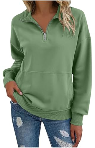 KUIH Women's Half Zip Sweatshirt Warm Fleece Pullover Sweaters Tunic Casual Long Sleeve Tops with Pockets Autumn Winter Ladies Stand Collar 1/4 Zip Jumper Cosy Top Plain Sweaters for Women UK