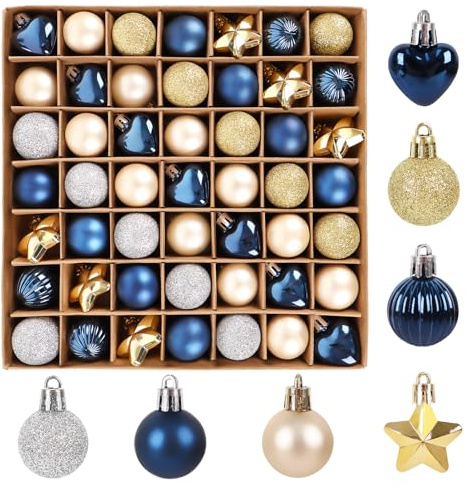 62 STK Weihnachtskugeln Klein & Sterne & Herz Set - 3cm Kunststoff Christbaumkugeln Blau Gold Mini Weihnachtsbaumkugeln Bruchsicher mit Geschenkpaket,Christbaumschmuck Deko Weihnachten