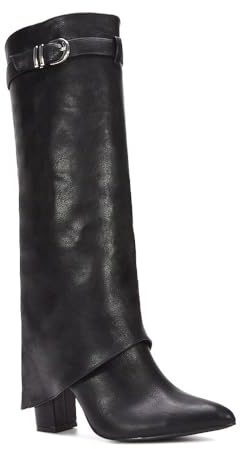 ESSEX GLAM Women's Fold Over Knee High Boots Ladies Black Synthetic Leather Pointed Toe Buckle Block Heel Size 8