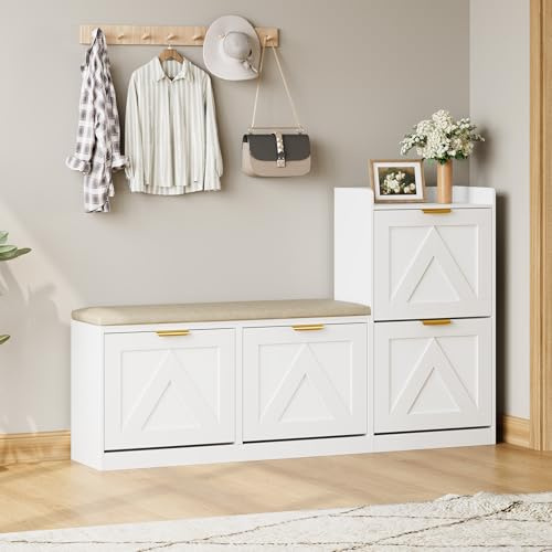 Garvee Shoe Storage Cabinet with Bench, 4 Flip-Drawer Entryway Shoe Organizer with Adjustable Left/Right Cushioned Seat & Removable Shelves, Narrow Hallway Storage for 35-40 Pairs, White
