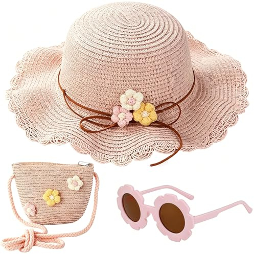 YskerrigToy Sonnenblumen Strohhut Tasche Set, Sommer Sonnenhut Strohtasche und Sonnenbrille Mädchen Strand Hut mit Kleine Strohsack Süßer Sonnenschutz Reisehut Mädchen Sommer Sonnenschutz Kappe