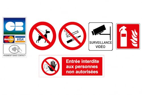 Kit Commerce – 6 stickers Professionnels – Paiement CB Sans Contact, Vidéosurveillance, Interdiction de Fumer, Extincteur, Entrée Interdite – Affichage Commerce et Magasin (Stickers)